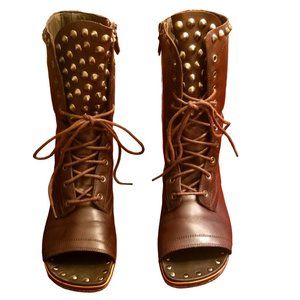 HTF Rare Donald J Pliner Ghalib Brown Leather Studded Boots | Open Toe | Sz: 8M